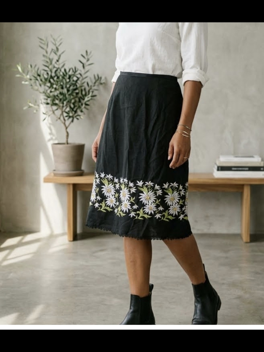 Karen Kane Black Midi Skirt with White Daisy Embroidery